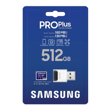 Samsung PRO Plus 512GB microSD memóriakártya USB adapterrel Class 10 UHS-I U3 (180/130 MB/s)
