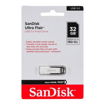 SANDISK ULTRA FLAIR PENDRIVE 32GB USB 3.0 Ezüst (150 MB/s olvasási sebesség)