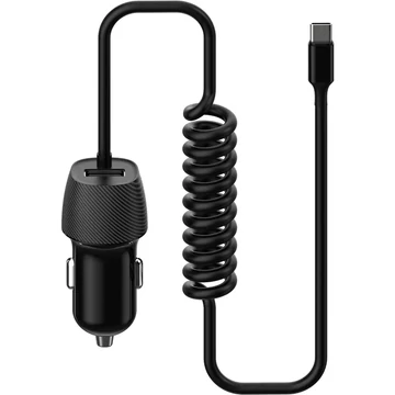 Platinet autós töltő beépített USB Type-C spirálkábellel és USB aljzattal 3,4A - fekete