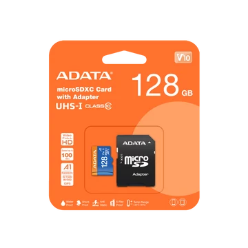 ADATA PREMIER MICRO SDXC + ADAPTER 128GB CL10 UHS-I U1 V10 A1 (100 MB/s olvasási sebesség)