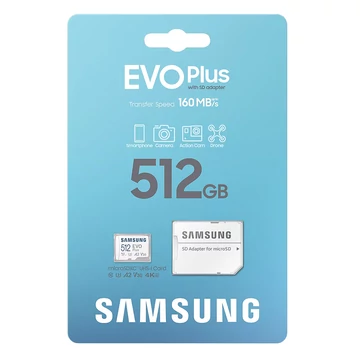 Samsung EVO Plus Micro SDXC memóriakártya 512GB Class 10 UHS-I 160MB/s SD adapterrel Samsung EVO Plus Micro SDXC memóriakártya 512GB Class 10 UHS-I 160MB/s SD adapterrel