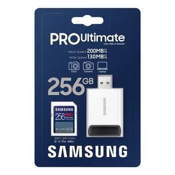 Samsung Pro Ultimate 256GB SDXC memóriakártya CL10 UHS-I U1 + USB adapter (200/130 MB/s)