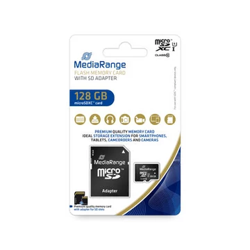 MediaRange 128GB Micro SDXC memóriakártya UHS-1 Class 10 + Adapter - fekete