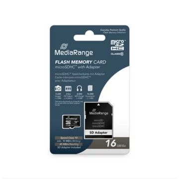 MediaRange 16GB Micro SDHC memóriakártya Class 10 adapterrel - fekete