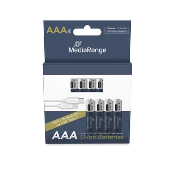 Mediarange AAA USB-C Akku Tölthető Elem 500 mAh (4) Mediarange AAA USB-C Akku Tölthető Elem 500 mAh (4)