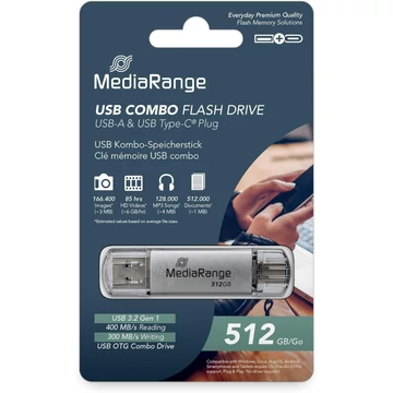 MediaRange Combo pendrive 512GB USB 3.2 + Type-C - ezüst MediaRange Combo pendrive 512GB USB 3.2 + Type-C - ezüst