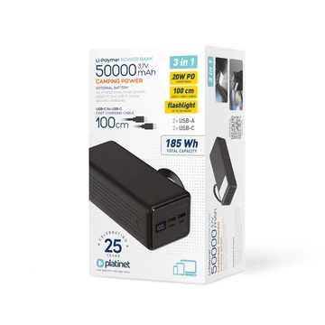 Platinet Polymer Power Bank 50000mAh PD 3.0 QC 3.0 LED kijelzővel - fekete (PMPB5020B)