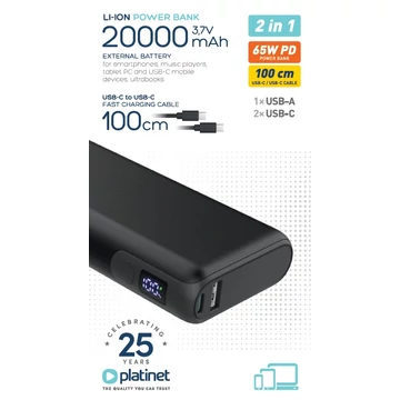 Platinet Polymer Power Bank külső akkumulátor 65W PD QC 2x USB-C LED kijelzővel 20000mAh - fekete