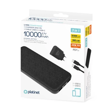 Platinet power bank szett 10000mAh 20W PD töltővel és 1m USB-C kábellel - fekete Platinet power bank szett 10000mAh 20W PD töltővel és 1m USB-C kábellel - fekete