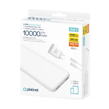 Platinet 10000mAh Power Bank szett 20W PD töltővel és 1m USB-C kábellel - fehér Platinet 10000mAh Power Bank szett 20W PD töltővel és 1m USB-C kábellel - fehér