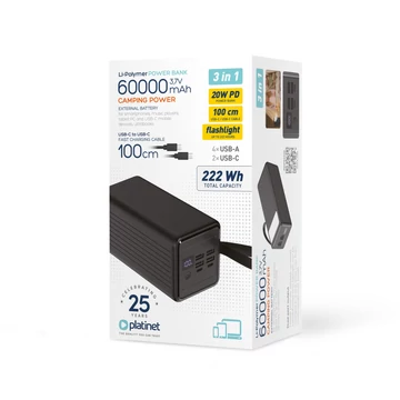 Platinet power bank 60000 mAh 20W PD zseblámpa funkcióval - fekete
