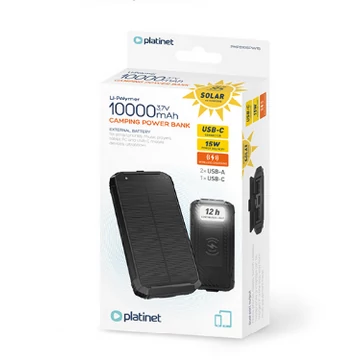 Platinet 3-in-1 Camping Power Bank 10000mAh napelemes vezeték nélküli töltő 15W zseblámpa funkcióval - fekete