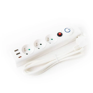 Fiesta hosszabbító kábel 3 aljzattal és 3 USB porttal 1,5m 10A túlfeszültségvédelemmel - fehér