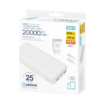 Platinet 3 az 1-ben power bank szett 20000mAh PD 20W töltővel és USB-C kábellel - fehér