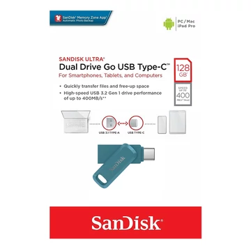 SanDisk Ultra Dual Drive Go pendrive 128GB USB 3.1 Type-C csatlakozóval 400MB/s - kék