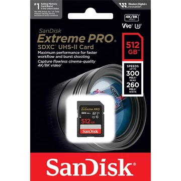 SanDisk Extreme Pro 512GB SDXC memóriakártya V90 UHS-II U3 Class 10 (300/260 MB/s) SanDisk Extreme Pro 512GB SDXC memóriakártya V90 UHS-II U3 Class 10 (300/260 MB/s)