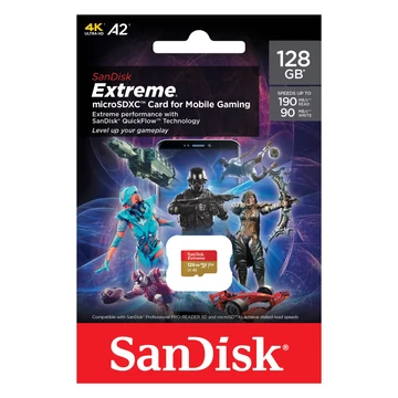 SanDisk Extreme Mobile Gaming microSDXC memóriakártya 128GB A2 C10 V30 UHS-I U3 (190/90 MB/s) SanDisk Extreme Mobile Gaming microSDXC memóriakártya 128GB A2 C10 V30 UHS-I U3 (190/90 MB/s)