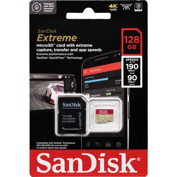 SanDisk Extreme 128GB microSDXC memóriakártya A2 C10 V30 UHS-I U3 adapterrel (190/90 MB/s) SanDisk Extreme 128GB microSDXC memóriakártya A2 C10 V30 UHS-I U3 adapterrel (190/90 MB/s)