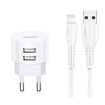 USAMS T20 hálózati töltő 2xUSB 2.1A Lightning kábellel - fehér (US-CC080)