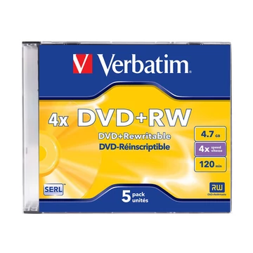 Verbatim DVD+RW újraírható lemez 4X 4.7GB 120 perc - 5 darabos csomag