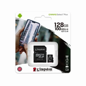Kingston Canvas Select Plus Micro SDXC memóriakártya adapterrel 128GB CL10 UHS-I U1 V10 A1 (100 MB/s olvasási sebesség)
