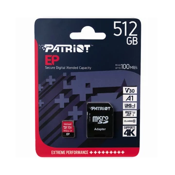 Patriot EP Series Micro SDXC memóriakártya adapterrel 512GB Class 10 UHS-I U3 A1 V30 100 MB/s