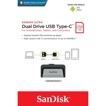 SanDisk Ultra Dual Drive pendrive 256GB USB Type-C és USB-A csatlakozóval 150MB/s - ezüst