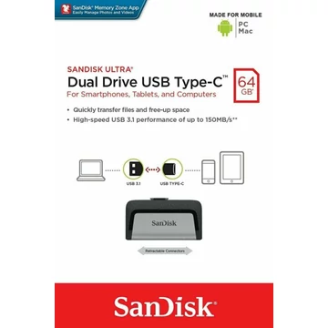 SanDisk Ultra Dual Drive pendrive 64GB USB Type-C és USB 3.1 csatlakozóval 150MB/s - ezüst SanDisk Ultra Dual Drive pendrive 64GB USB Type-C és USB 3.1 csatlakozóval 150MB/s - ezüst