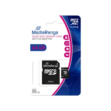 MediaRange micro SDXC memóriakártya 64GB Class 10 SD adapterrel - fekete