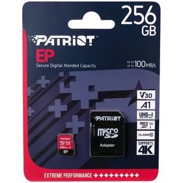 Patriot EP Series microSDXC memóriakártya adapterrel 256GB Class 10 UHS-I U3 A1 V30 (100/80 MB/s)