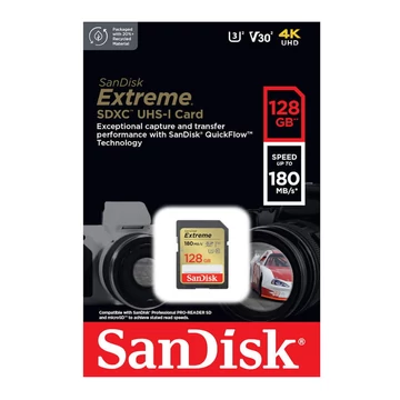 SanDisk Extreme SDXC memóriakártya 128GB Class 10 UHS-I U3 V30 (180/90 MB/s) SanDisk Extreme SDXC memóriakártya 128GB Class 10 UHS-I U3 V30 (180/90 MB/s)