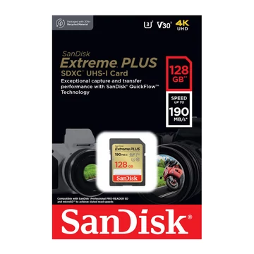 SanDisk Extreme Plus SDXC memóriakártya 128GB CL10 UHS-I U3 V30 (190/90 MB/s) SanDisk Extreme Plus SDXC memóriakártya 128GB CL10 UHS-I U3 V30 (190/90 MB/s)