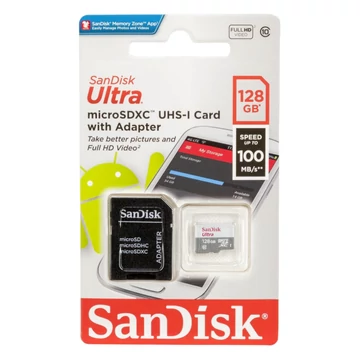 SanDisk Ultra microSDXC memóriakártya adapterrel 128GB Class 10 UHS-I 100MB/s SanDisk Ultra microSDXC memóriakártya adapterrel 128GB Class 10 UHS-I 100MB/s