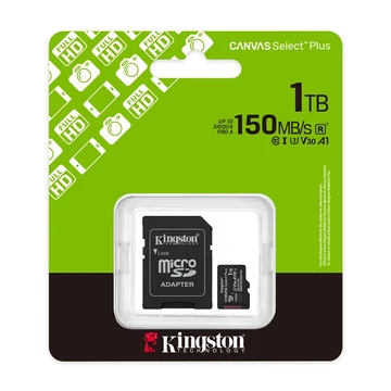 Kingston Canvas Select Plus micro SDXC memóriakártya + adapter 1TB Class 10 UHS-I U3 V30 A1 (150 MB/s olvasási sebesség)