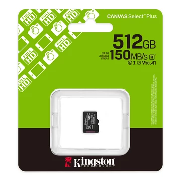 Kingston Canvas Select Plus micro SDXC 512GB Class 10 UHS-I U3 V30 A1 memóriakártya (150 MB/s olvasási sebesség)