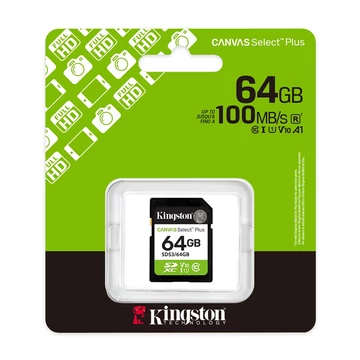 Kingston Canvas Select Plus SDXC 64GB Cl10 UHS-I U1 V10 (100 MB/s olvasási sebesség)