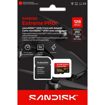 SanDisk Extreme PRO microSDXC memóriakártya 128GB CL10 UHS-I A2 U3 V30 5K + Adapter (250/120 MB/s)