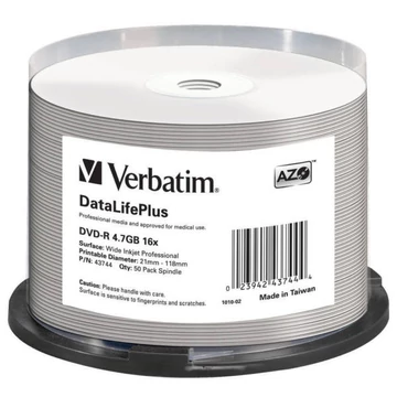 Verbatim DVD-R 16X 4.7GB tintasugaras nyomtatható DataLifePlus Professional - 50db/henger (43744) Verbatim DVD-R 16X 4.7GB tintasugaras nyomtatható DataLifePlus Professional - 50db/henger (43744)