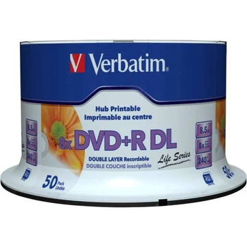 Verbatim DVD+R DL 8x 8.5GB Life Series nyomtatható lemez 50db-os henger Verbatim DVD+R DL 8x 8.5GB Life Series nyomtatható lemez 50db-os henger