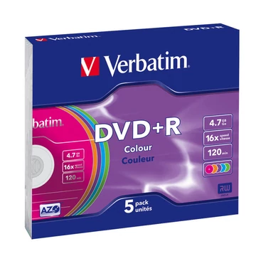 Verbatim DVD+R 16X 4,7GB színes lemezek - slim tokban (5) Verbatim DVD+R 16X 4,7GB színes lemezek - slim tokban (5)