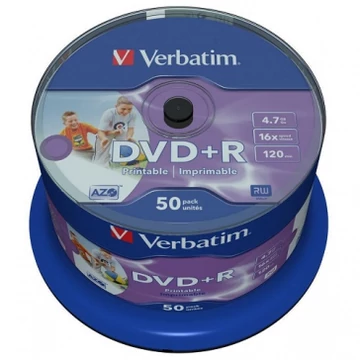 Verbatim DVD+R 16X teljes felületén nyomtatható lemez 4,7 GB - 50db cake Verbatim DVD+R 16X teljes felületén nyomtatható lemez 4,7 GB - 50db cake