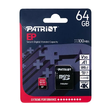 Patriot EP Series Micro SDXC memóriakártya + adapter 64GB Class 10 UHS-I U3 A1 V30 (100/80 MB/s)
