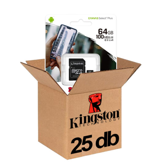 KINGSTON CANVAS SELECT PLUS MICRO SDXC + ADAPTER 64GB CL10 UHS-I U1 V10 A1 (100 MB/s olvasási sebesség) 25db-os CSOMAG!