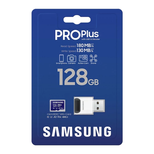Samsung PRO Plus microSDXC memóriakártya 128 GB USB adapterrel CL10 UHS-I (180/130 MB/s)