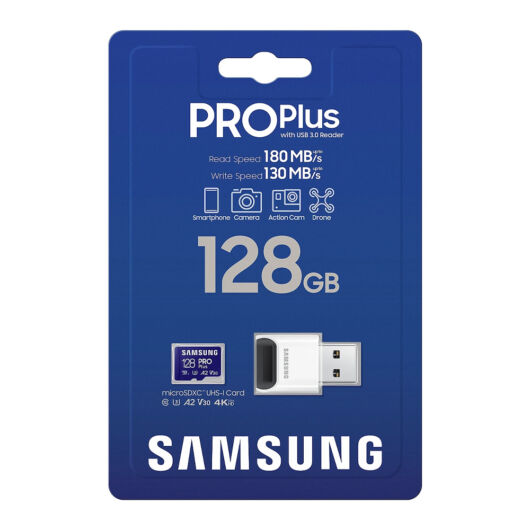 Samsung MicroSDXC 128 GB PRO Plus + USB adapter CL10 UHS-I (180 MB/s olvasási sebesség)