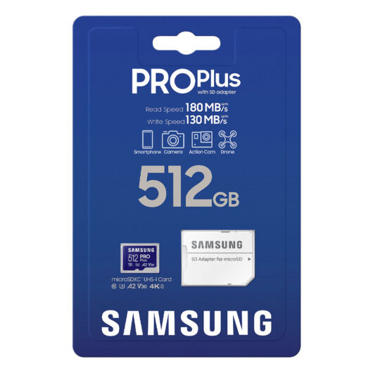 SAMSUNG PRO PLUS 512GB microSD + adapter CL10 UHS-I U3 (180 MB/s)