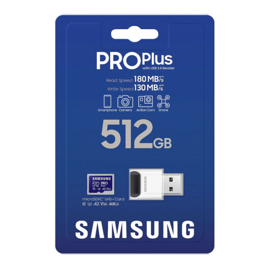 SAMSUNG PRO PLUS 512GB microSD + USB adapter CL10 UHS-I U3 (180/130 MB/s)
