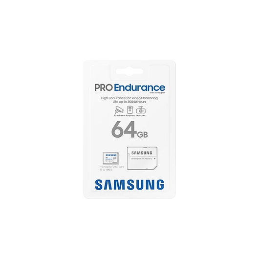 SAMSUNG PRO Endurance 64GB microSD + adapter CL10 UHS-I U1 (100 MB/s olvasási sebesség)