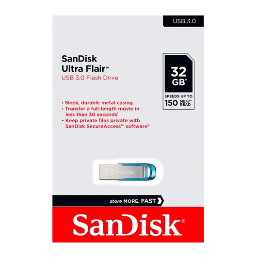 SanDisk Ultra Flair pendrive 32GB USB 3.0 - kék (150 MB/s olvasási sebesség)