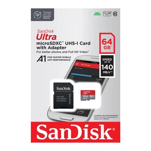 SanDisk Ultra microSDXC memóriakártya adapterrel 64GB Class 10 UHS-I A1 140MB/s